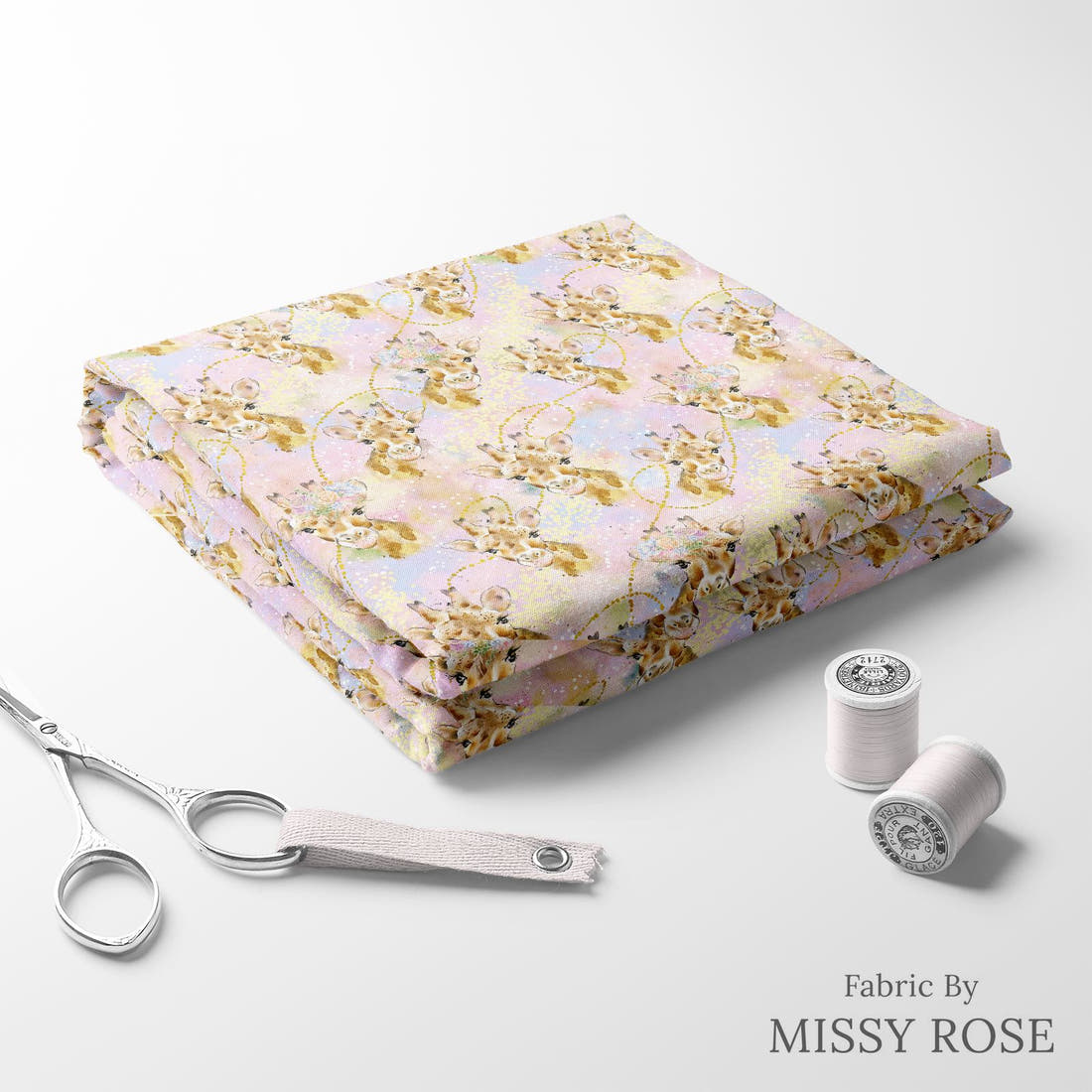 Design 1142 Giraffe Fabric folded fabric stack with matching thread – pre-order fabric Australia | Fabric by Missy Rose