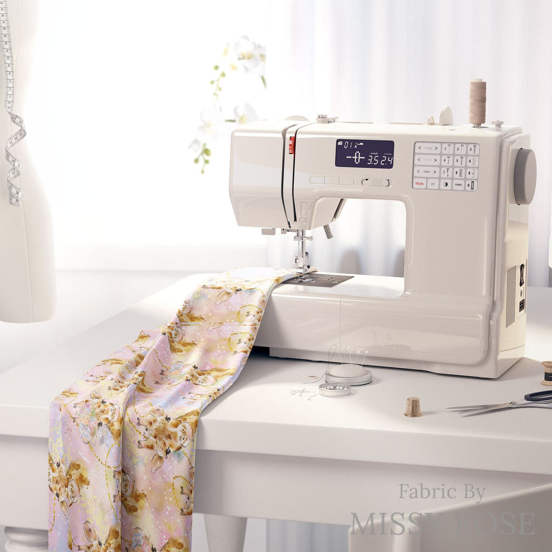 Design 1142 Giraffe Fabric on a sewing machine – premium fabric for sewing projects | Fabric by Missy Rose