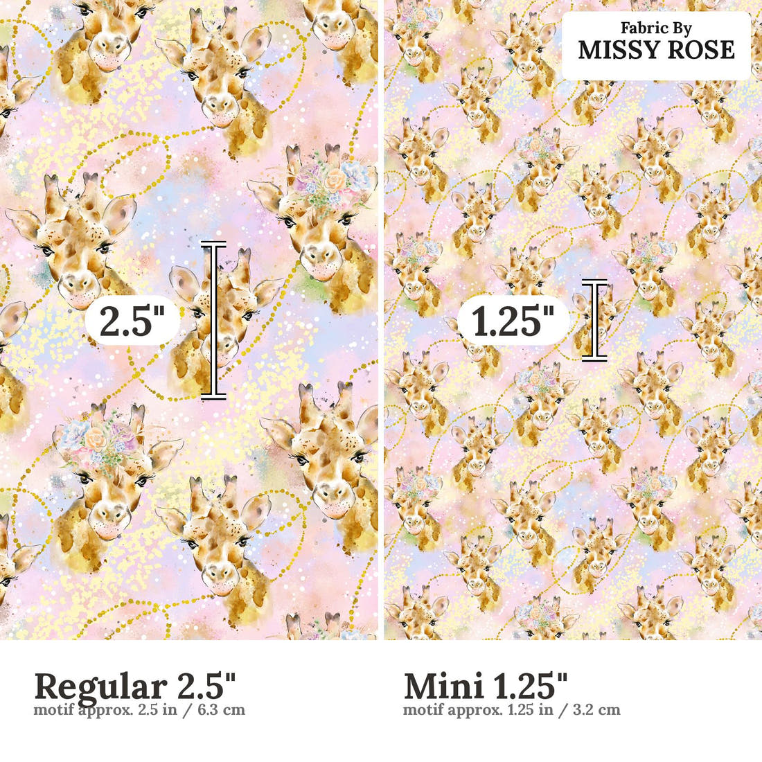 Design 1142 Giraffe Fabric Regular 2.5 inch vs Mini 1.25 inch print scale side by side | Fabric by Missy Rose