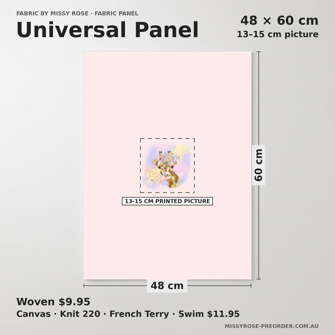 Design 1142 Giraffe Panel universal panel sizing – 13–15 cm printed picture on 48 × 60 cm fabric | Fabric by Missy Rose