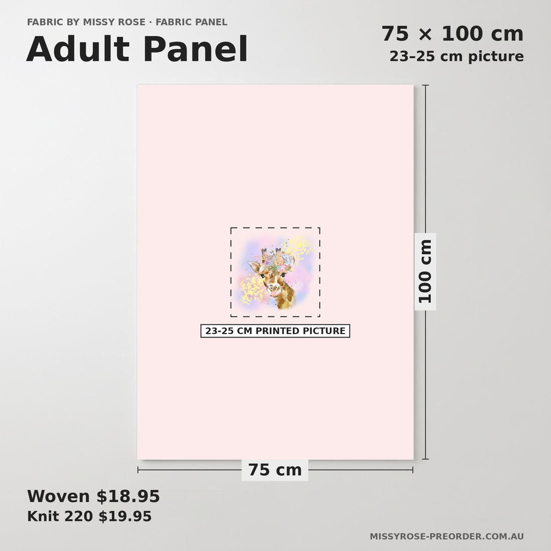 Design 1142 Giraffe Panel adult panel sizing – 23–25 cm printed picture on 75 × 100 cm fabric | Fabric by Missy Rose