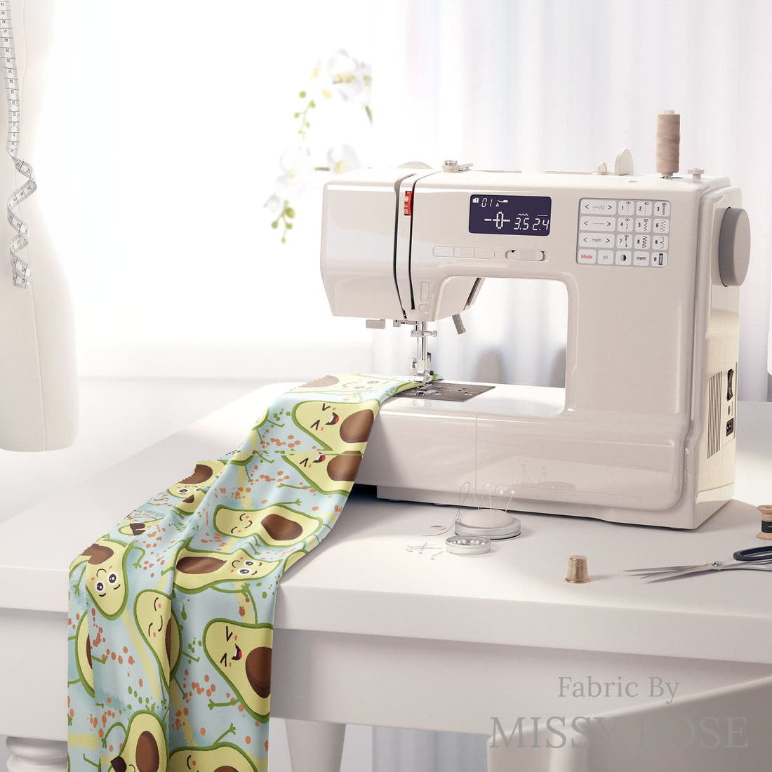 Design 1143 Avocado Fabric on a sewing machine – premium fabric for sewing projects | Fabric by Missy Rose