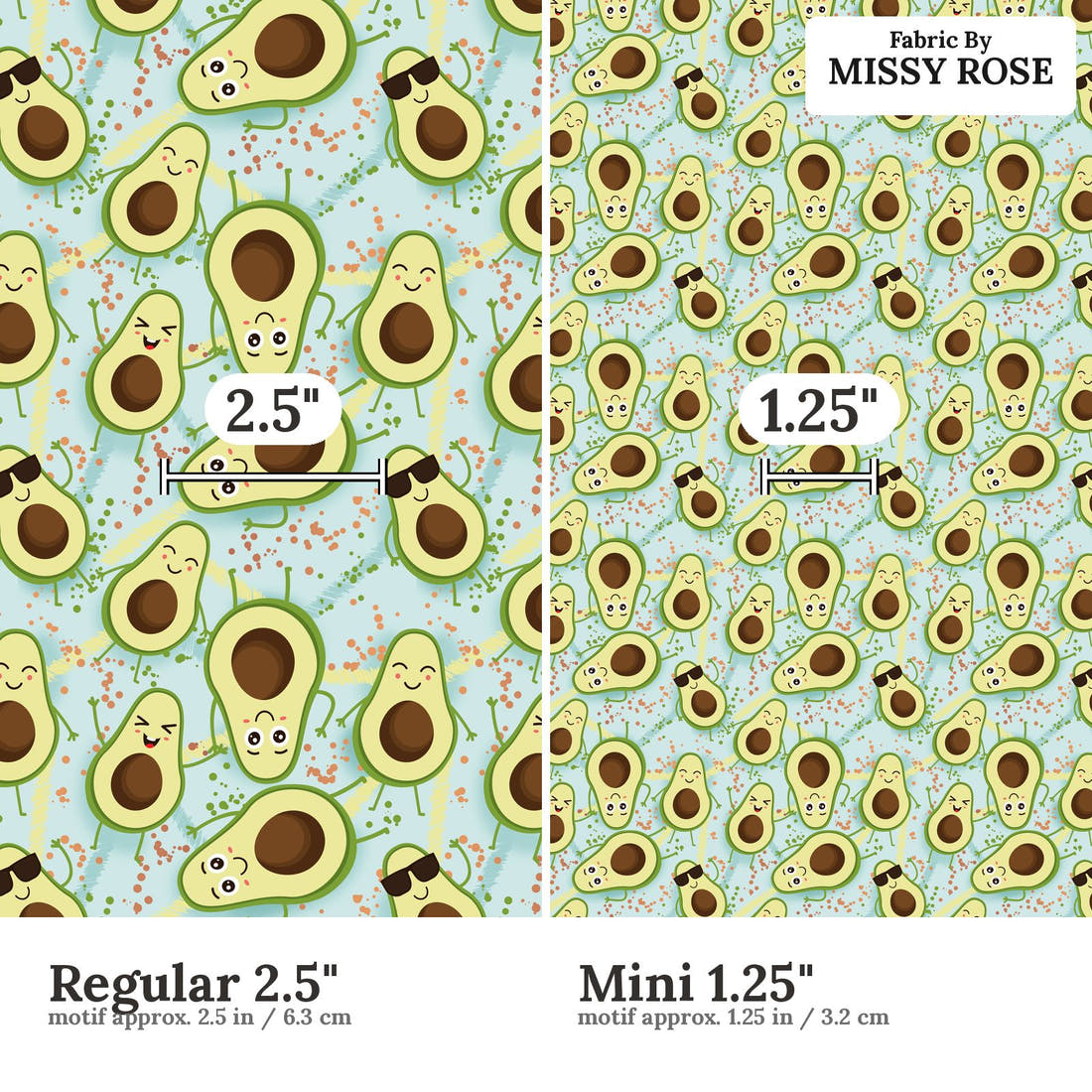 Design 1143 Avocado Fabric Regular 2.5 inch vs Mini 1.25 inch print scale side by side | Fabric by Missy Rose