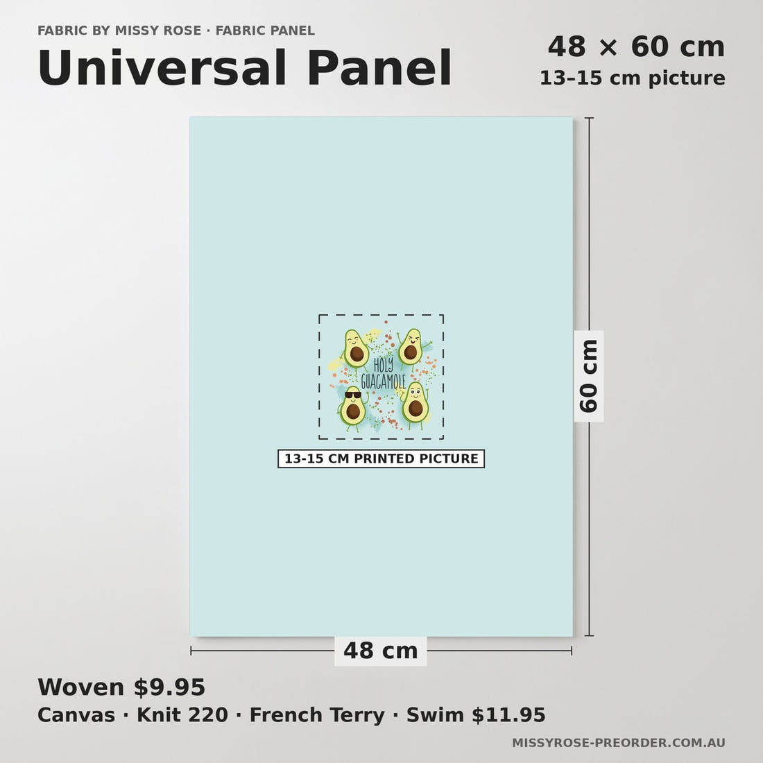Design 1143 Avocado Panel universal panel sizing – 13–15 cm printed picture on 48 × 60 cm fabric | Fabric by Missy Rose