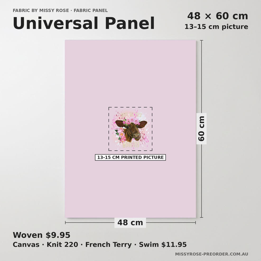 Design 1144 Pink Cow Panel universal panel sizing – 13–15 cm printed picture on 48 × 60 cm fabric | Fabric by Missy Rose