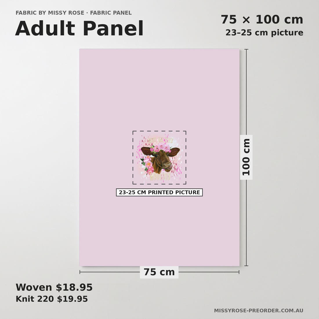 Design 1144 Pink Cow Panel adult panel sizing – 23–25 cm printed picture on 75 × 100 cm fabric | Fabric by Missy Rose