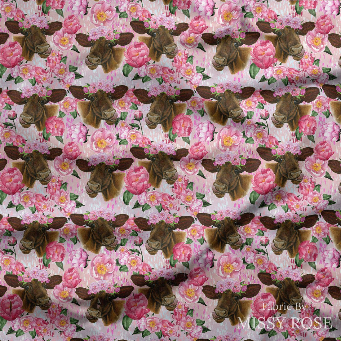 Design 1144 Pink Cow Fabric draped fabric mockup – custom printed fabric by the metre | Fabric by Missy Rose