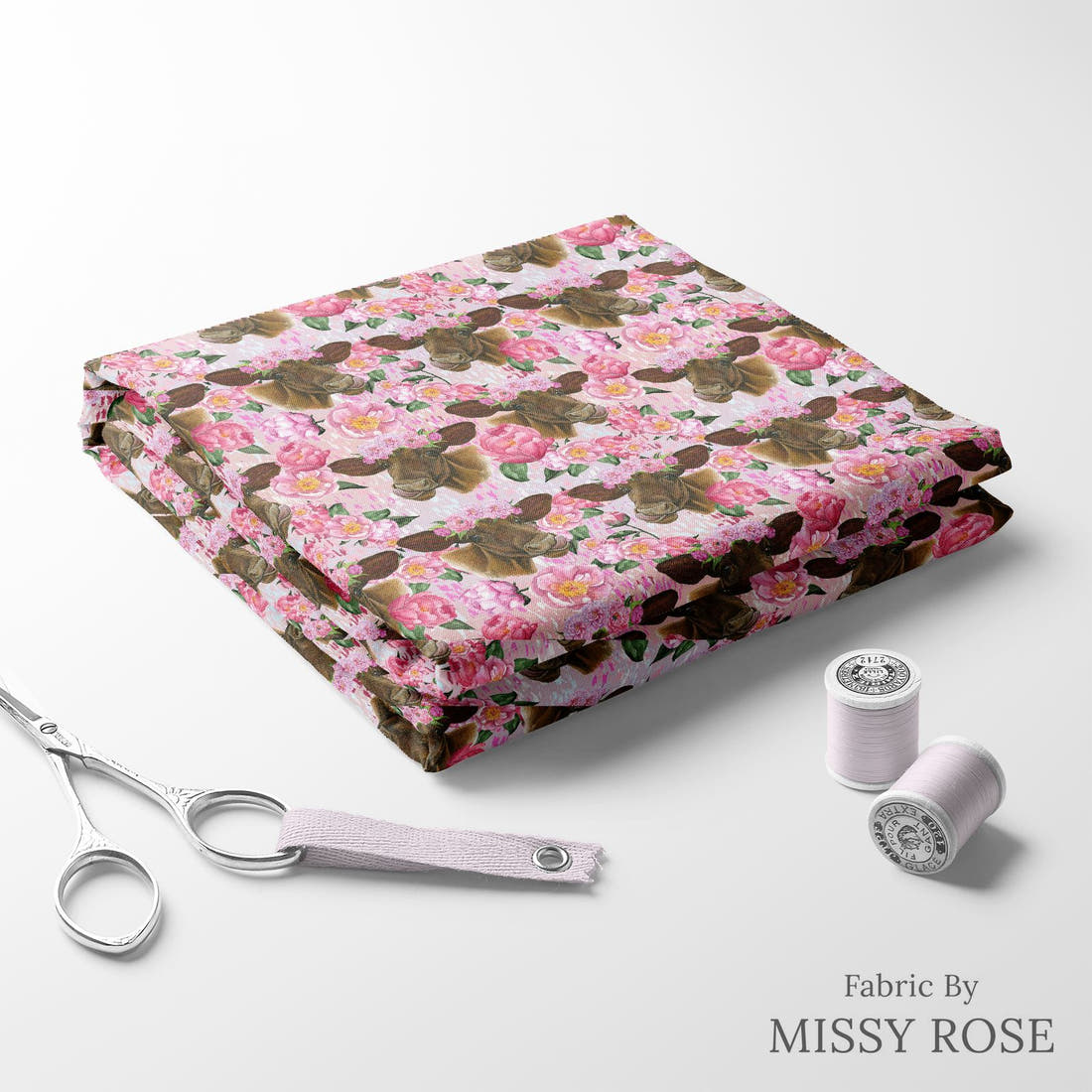 Design 1144 Pink Cow Fabric folded fabric stack with matching thread – pre-order fabric Australia | Fabric by Missy Rose