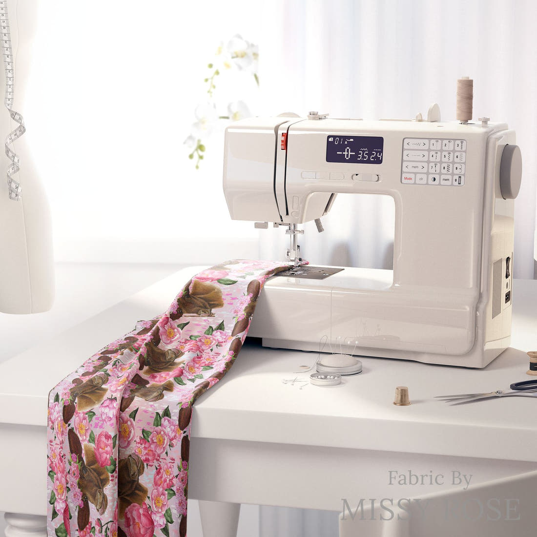 Design 1144 Pink Cow Fabric on a sewing machine – premium fabric for sewing projects | Fabric by Missy Rose