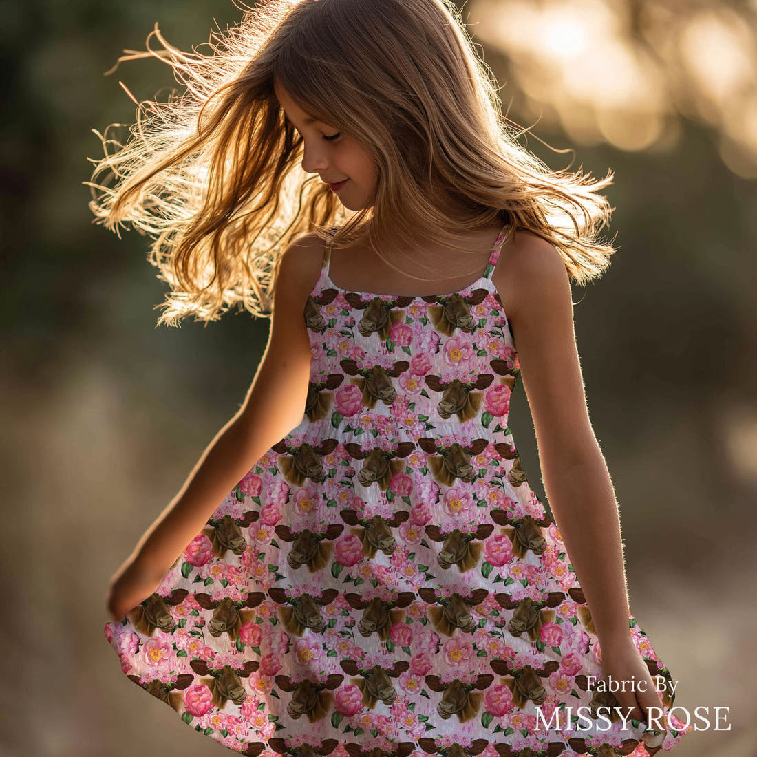 Design 1144 Pink Cow Fabric sewn into a girls' dress – see how the print looks made up | Fabric by Missy Rose