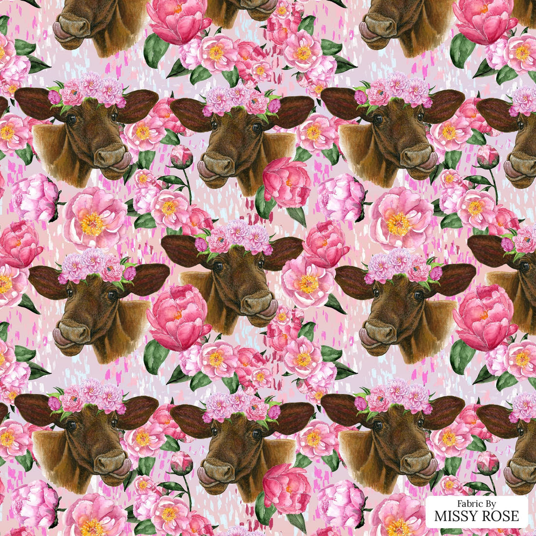 Design 1144 Pink Cow Fabric – flat view of the print, zoom in for detail | Fabric by Missy Rose
