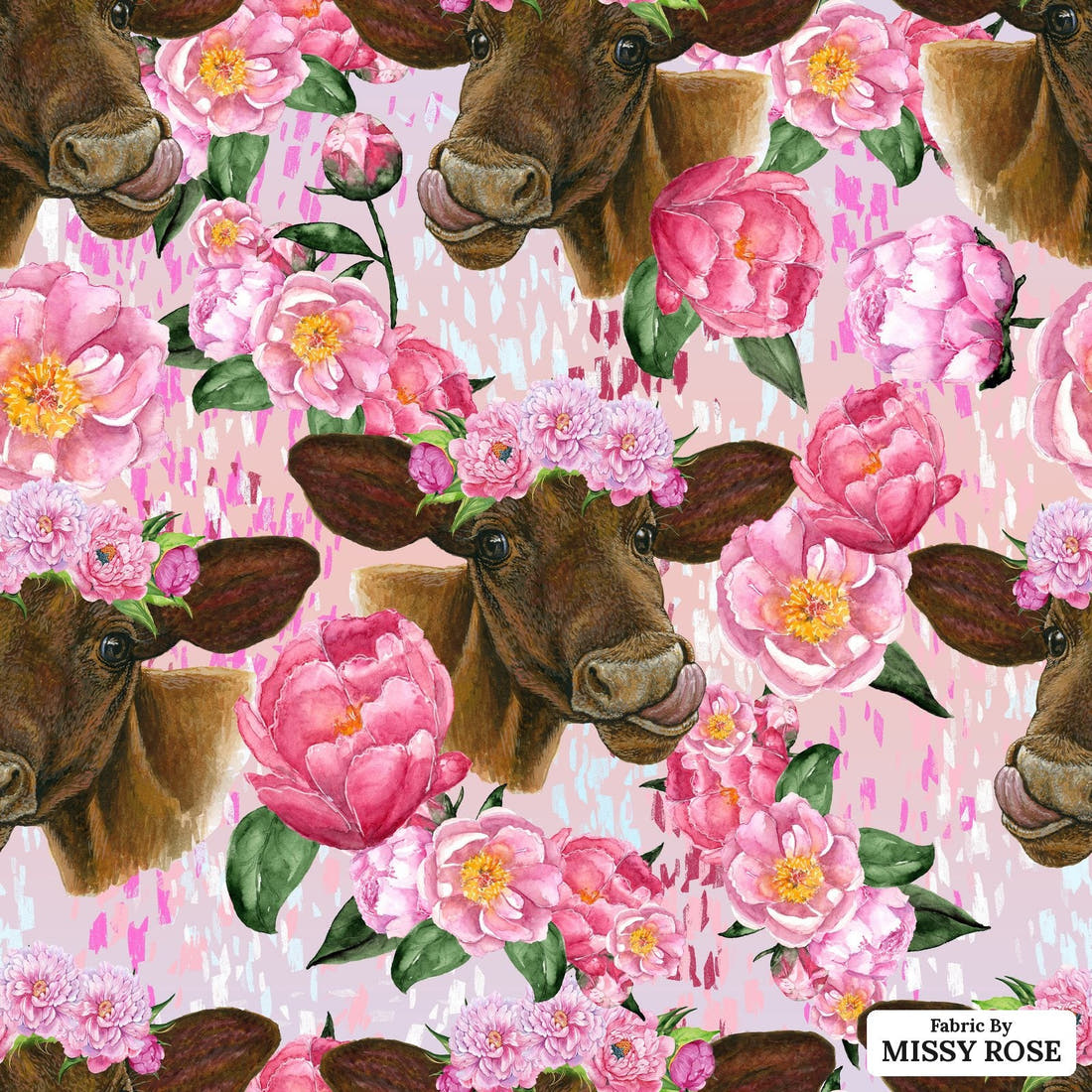 Design 1144 Pink Cow Fabric – flat view of the print, zoom in for detail | Fabric by Missy Rose