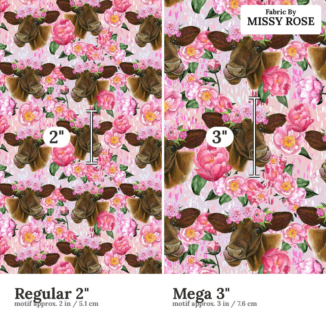 Design 1144 Pink Cow Fabric Regular 2 inch vs Mega 3 inch print scale side by side | Fabric by Missy Rose