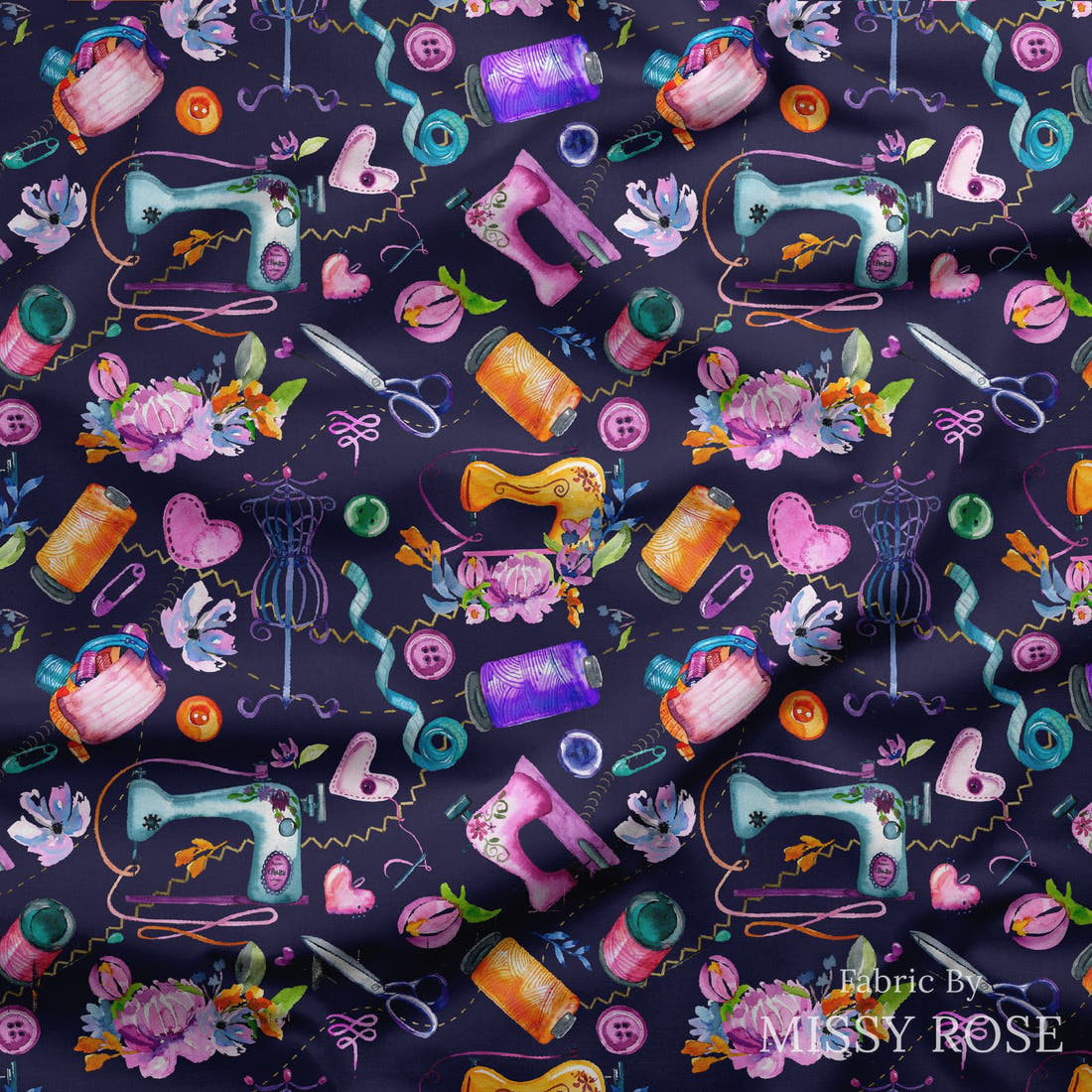 Design 1145 Navy Sewing Fabric draped fabric mockup – custom printed fabric by the metre | Fabric by Missy Rose