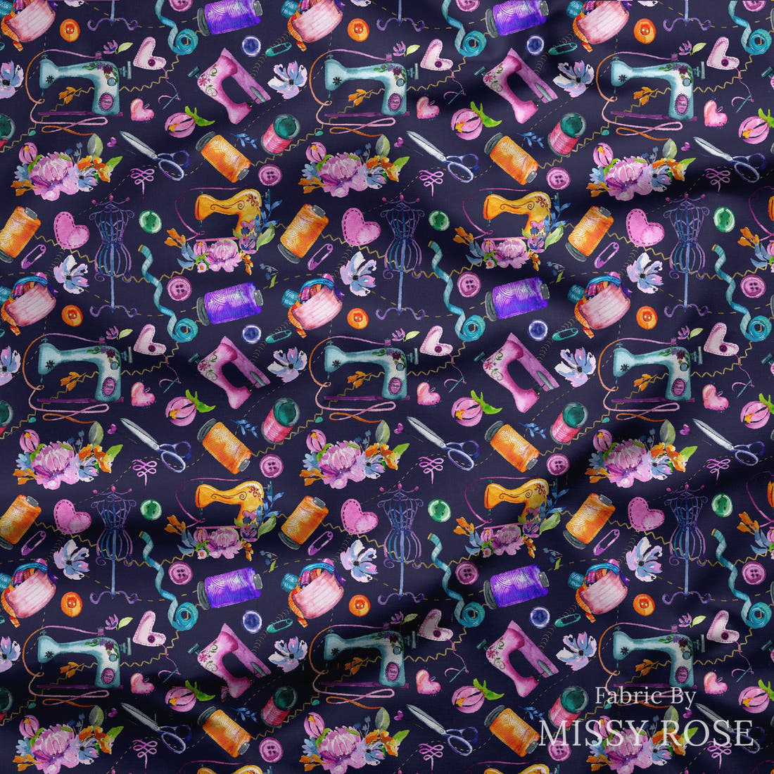 Design 1145 Navy Sewing Fabric draped fabric mockup – custom printed fabric by the metre | Fabric by Missy Rose