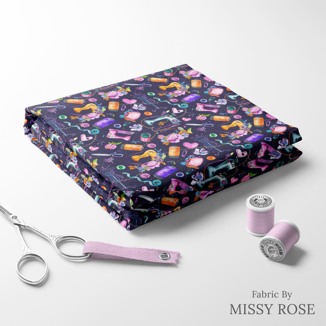 Design 1145 Navy Sewing Fabric folded fabric stack with matching thread – pre-order fabric Australia | Fabric by Missy Rose