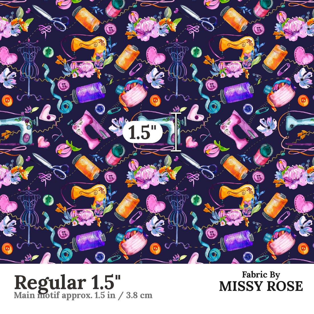 Design 1145 Navy Sewing Fabric Regular 1.5 inch print scale guide | Fabric by Missy Rose