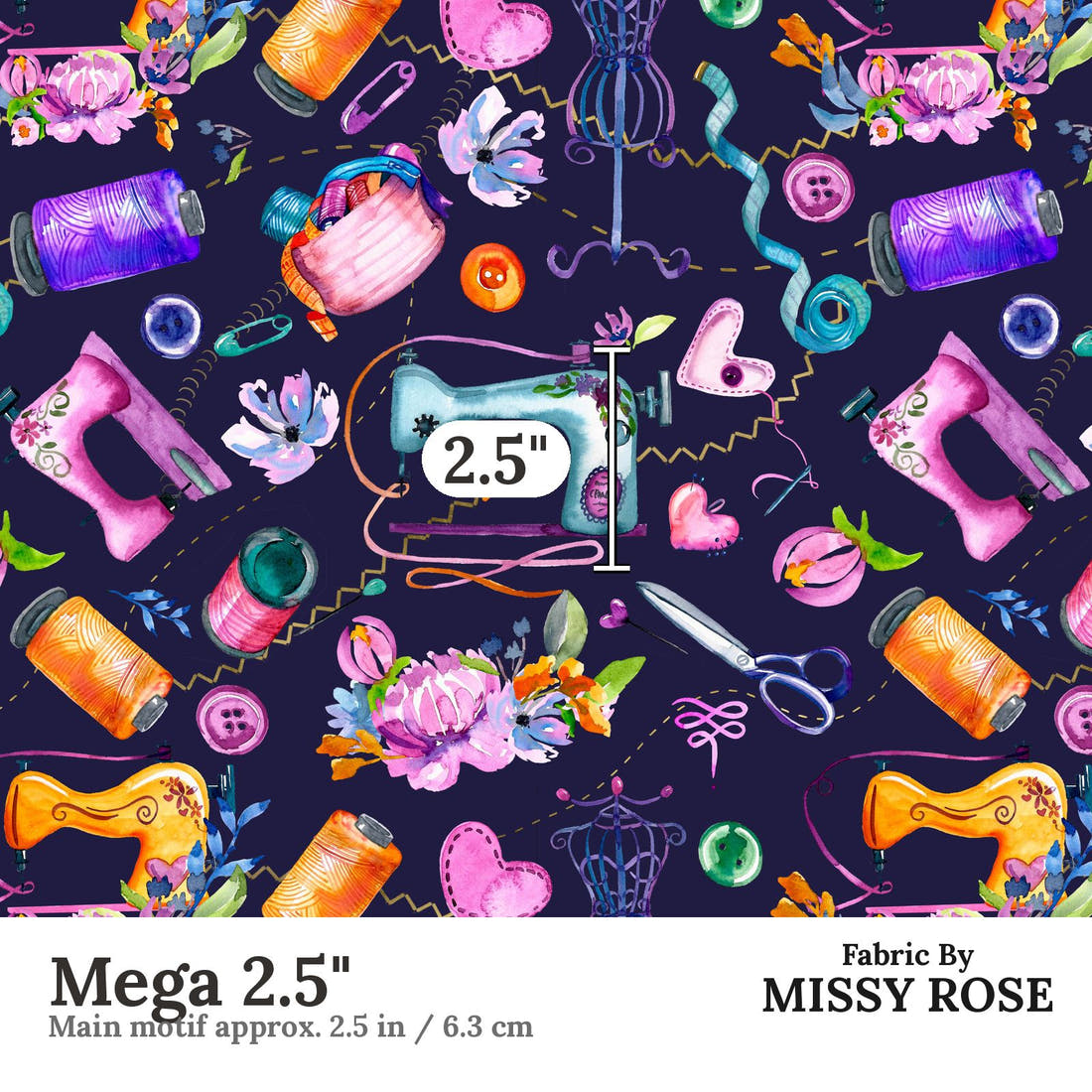 Design 1145 Navy Sewing Fabric Mega 2.5 inch print scale guide | Fabric by Missy Rose