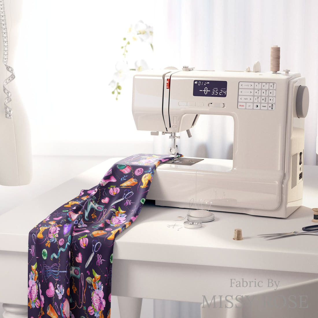 Design 1145 Navy Sewing Fabric on a sewing machine – premium fabric for sewing projects | Fabric by Missy Rose