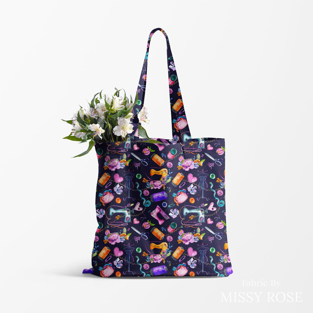 Design 1145 Navy Sewing Fabric made up as a tote bag – see how the print looks made up | Fabric by Missy Rose