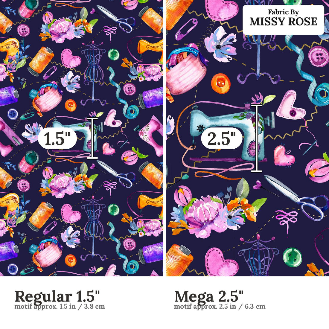 Design 1145 Navy Sewing Fabric Regular 1.5 inch vs Mega 2.5 inch print scale side by side | Fabric by Missy Rose