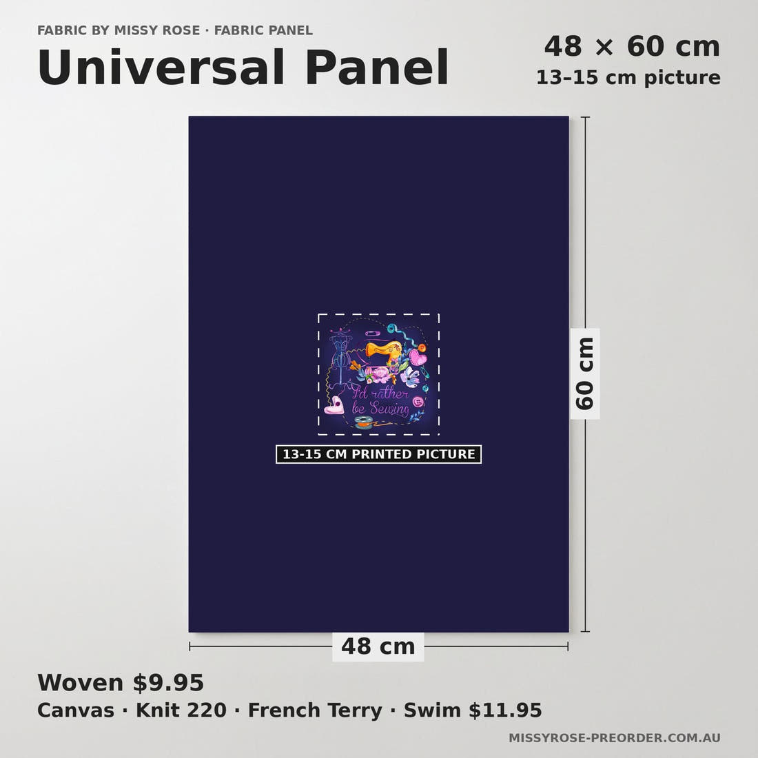 Design 1145 Navy Sewing Panel universal panel sizing – 13–15 cm printed picture on 48 × 60 cm fabric | Fabric by Missy Rose