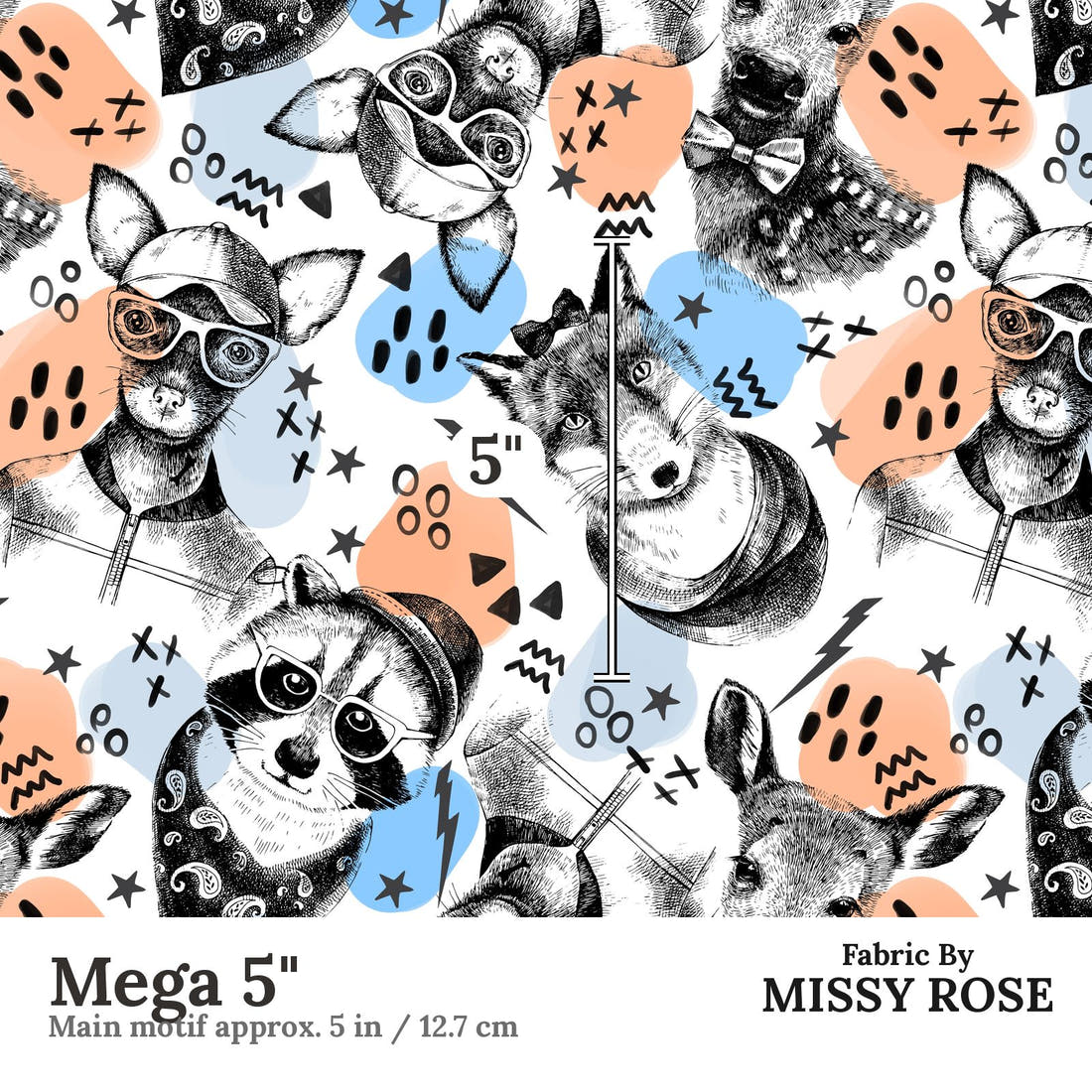 Design 1146  Animals Fabric Mega 5 inch print scale guide | Fabric by Missy Rose