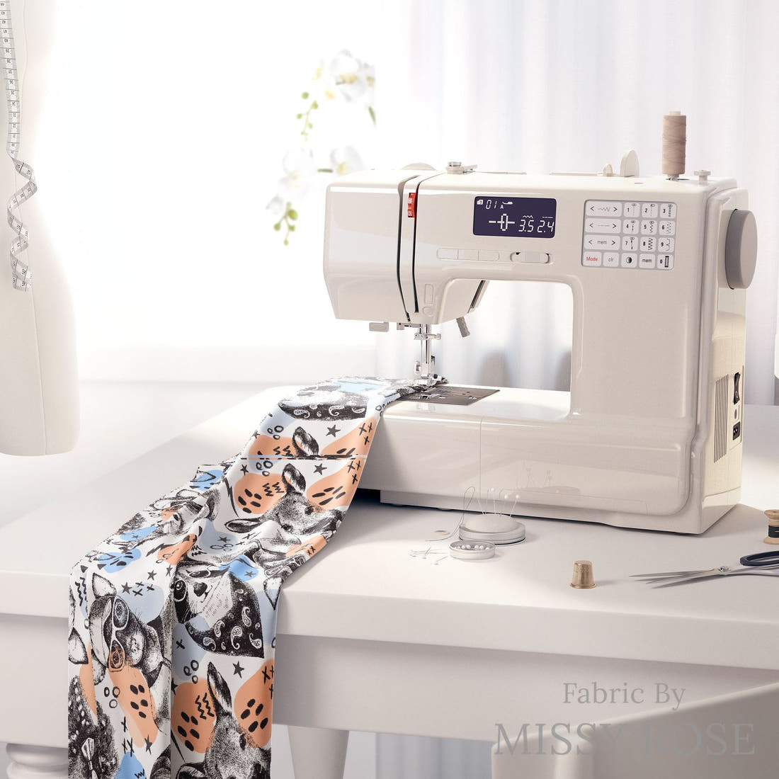 Design 1146  Animals Fabric on a sewing machine – premium fabric for sewing projects | Fabric by Missy Rose