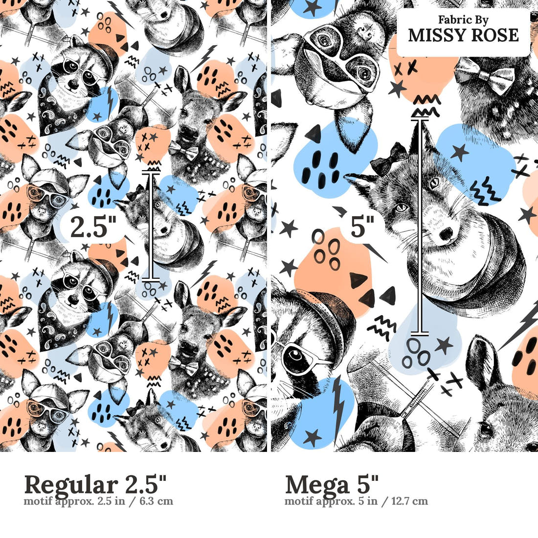 Design 1146  Animals Fabric Regular 2.5 inch vs Mega 5 inch print scale side by side | Fabric by Missy Rose
