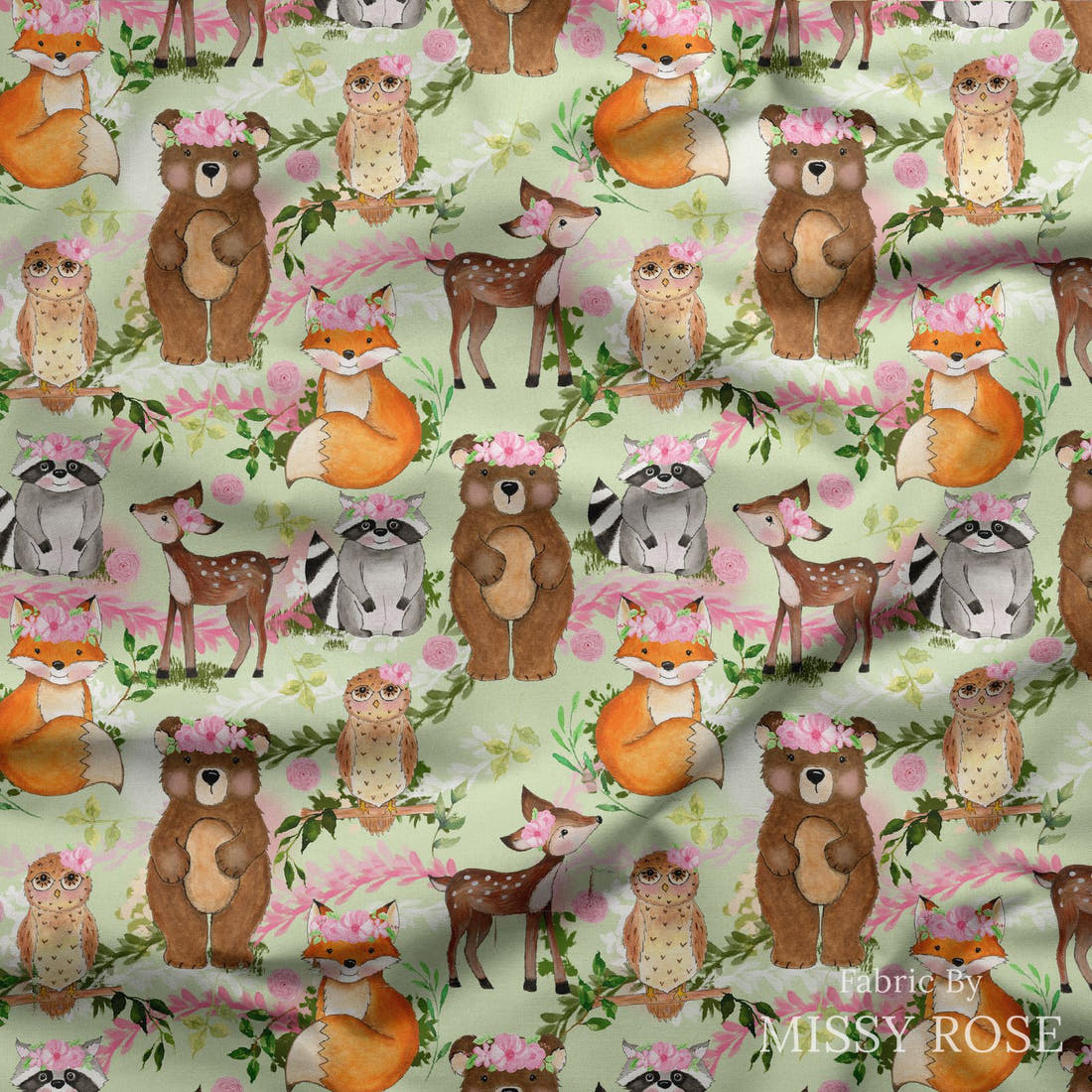Design 1147 Green Woodlands Fabric draped fabric mockup – custom printed fabric by the metre | Fabric by Missy Rose