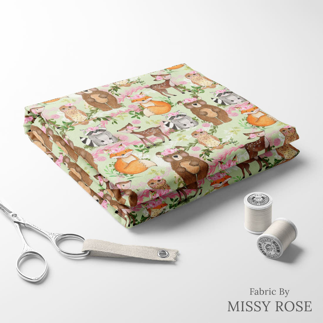 Design 1147 Green Woodlands Fabric folded fabric stack with matching thread – pre-order fabric Australia | Fabric by Missy Rose