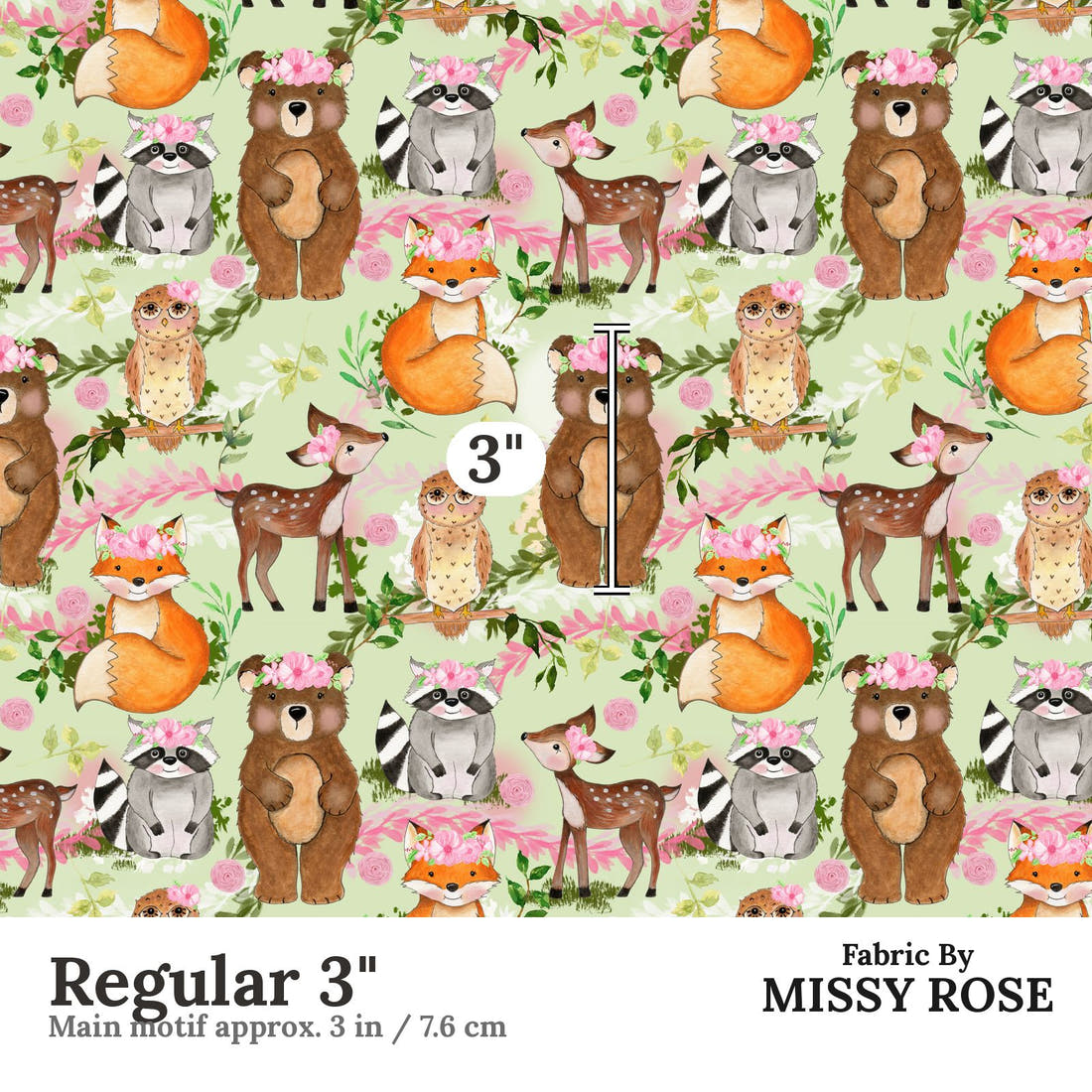 Design 1147 Green Woodlands Fabric Regular 3 inch print scale guide | Fabric by Missy Rose