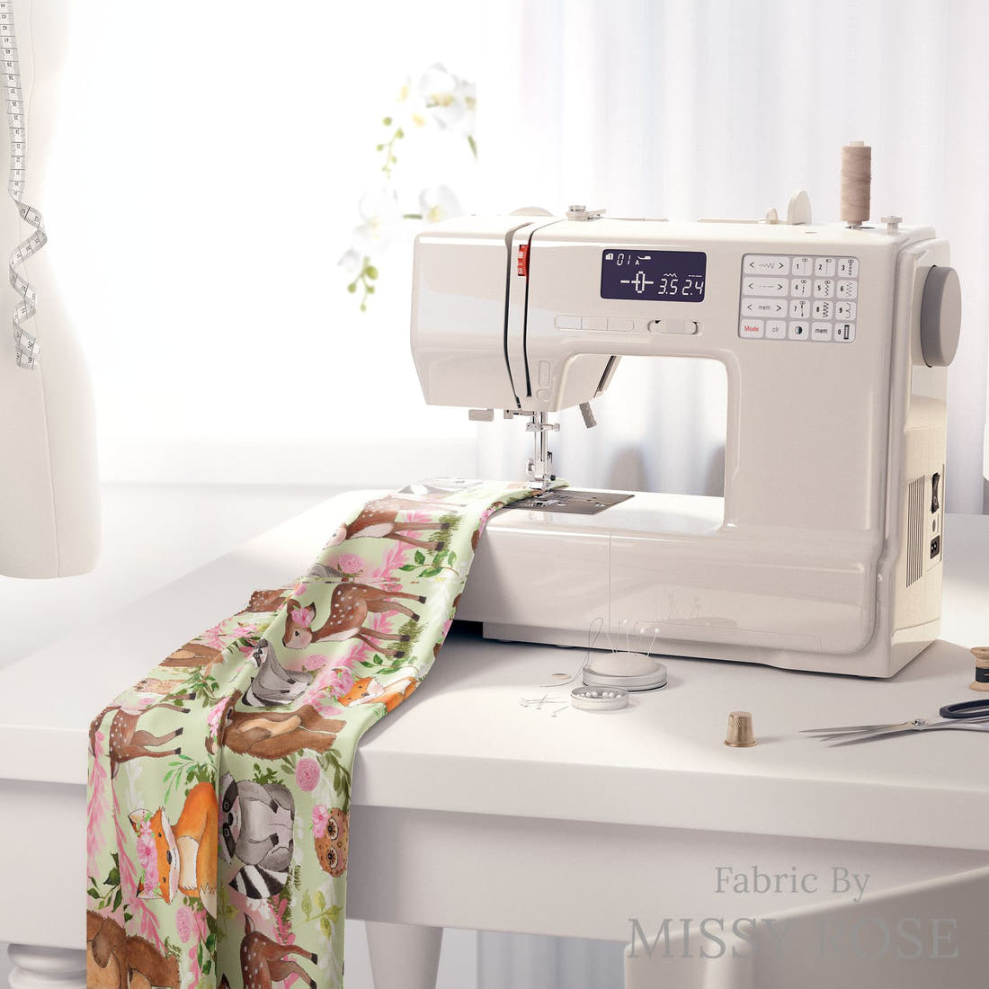 Design 1147 Green Woodlands Fabric on a sewing machine – premium fabric for sewing projects | Fabric by Missy Rose