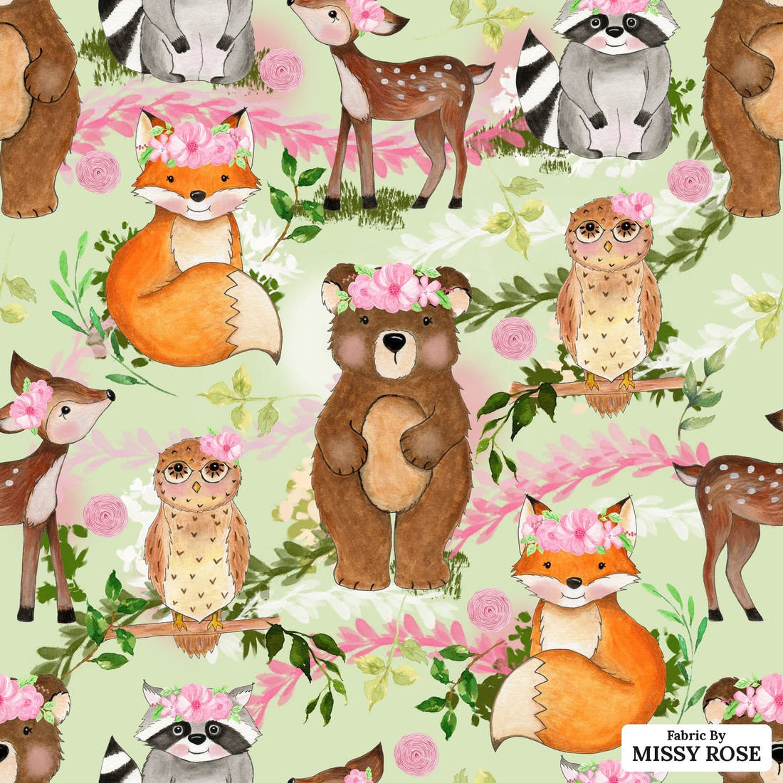 Design 1147 Green Woodlands Fabric – flat view of the print, zoom in for detail | Fabric by Missy Rose