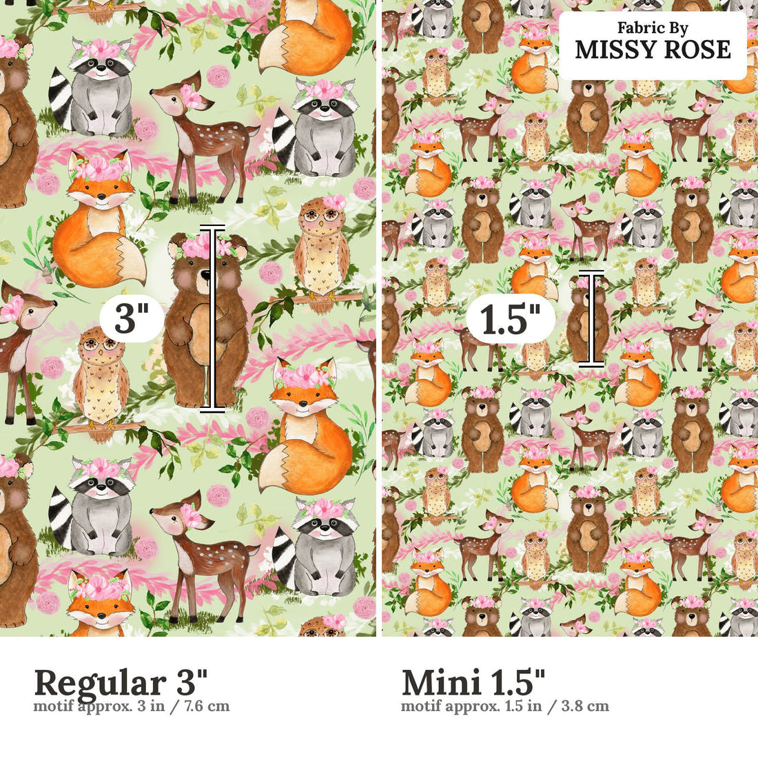 Design 1147 Green Woodlands Fabric Regular 3 inch vs Mini 1.5 inch print scale side by side | Fabric by Missy Rose