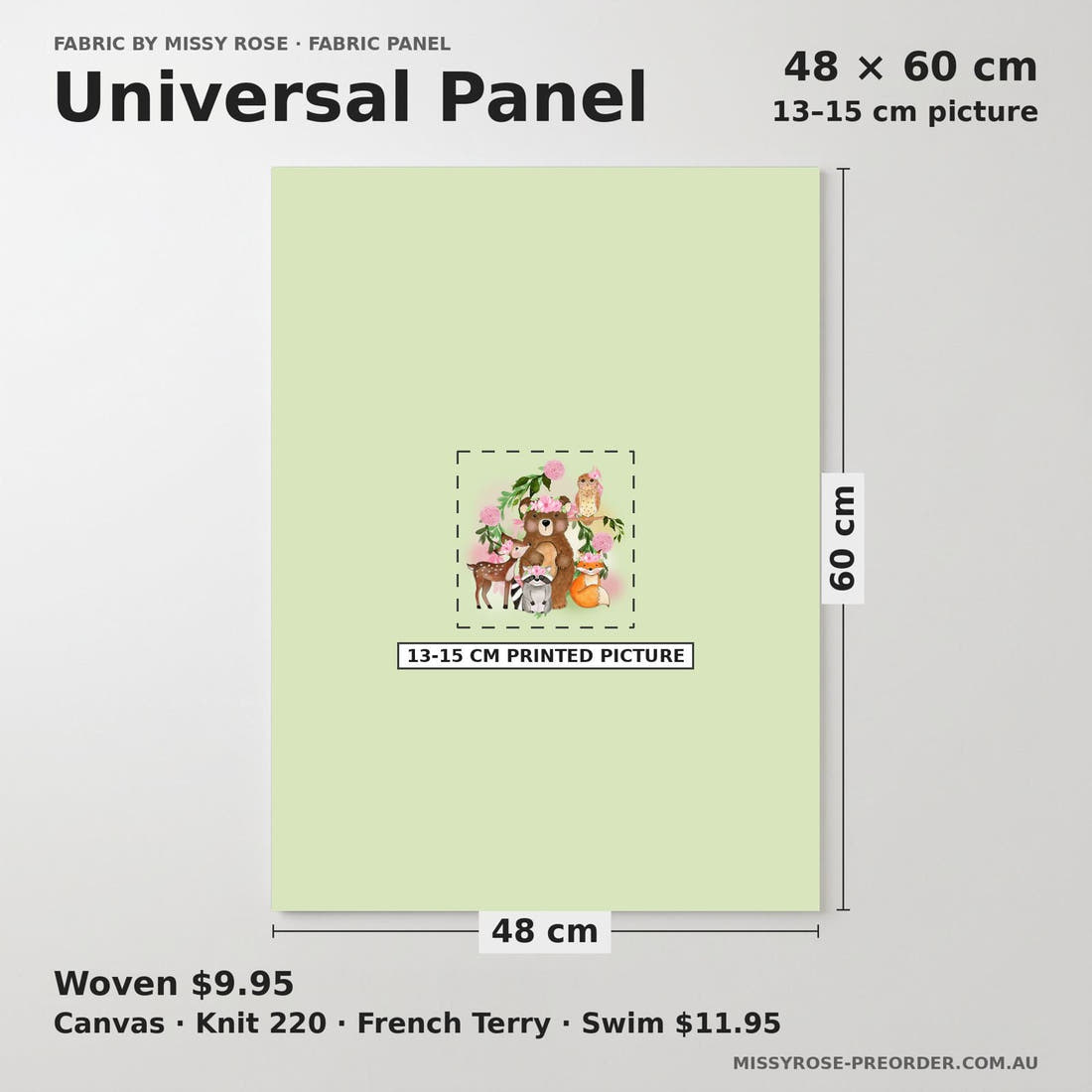 Design 1147 Green Woodlands Panel universal panel sizing – 13–15 cm printed picture on 48 × 60 cm fabric | Fabric by Missy Rose