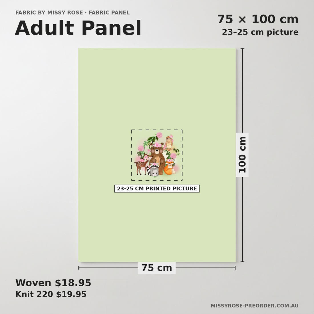 Design 1147 Green Woodlands Panel adult panel sizing – 23–25 cm printed picture on 75 × 100 cm fabric | Fabric by Missy Rose