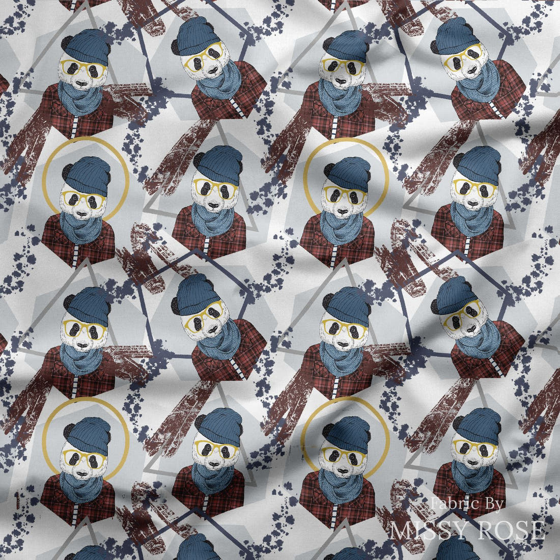 Design 1148 Geometric Panda Fabric draped fabric mockup – custom printed fabric by the metre | Fabric by Missy Rose