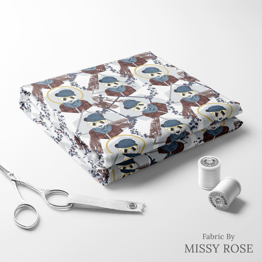 Design 1148 Geometric Panda Fabric folded fabric stack with matching thread – pre-order fabric Australia | Fabric by Missy Rose