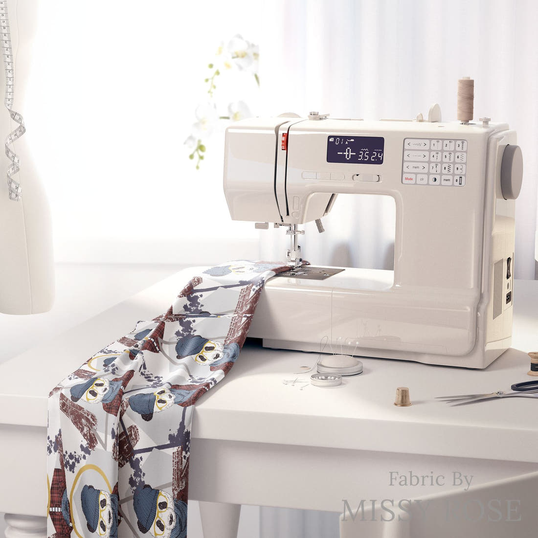 Design 1148 Geometric Panda Fabric on a sewing machine – premium fabric for sewing projects | Fabric by Missy Rose