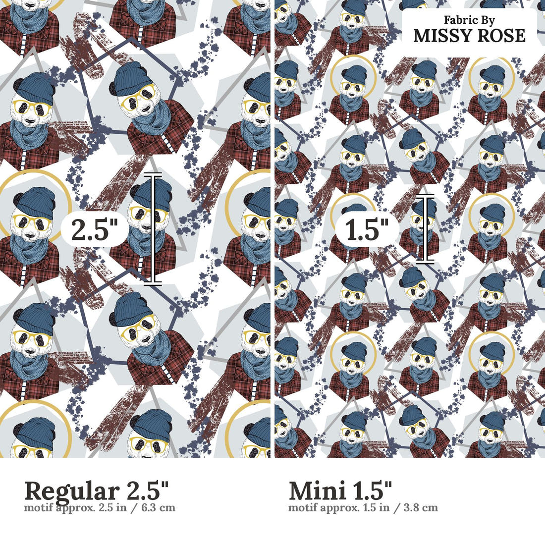 Design 1148 Geometric Panda Fabric Regular 2.5 inch vs Mini 1.5 inch print scale side by side | Fabric by Missy Rose