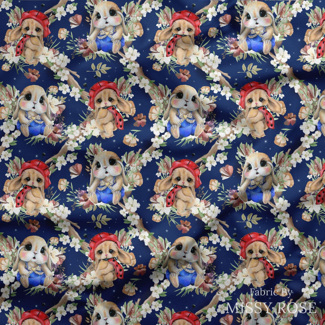Design 1149 Navy Bunny Fabric draped fabric mockup – custom printed fabric by the metre | Fabric by Missy Rose