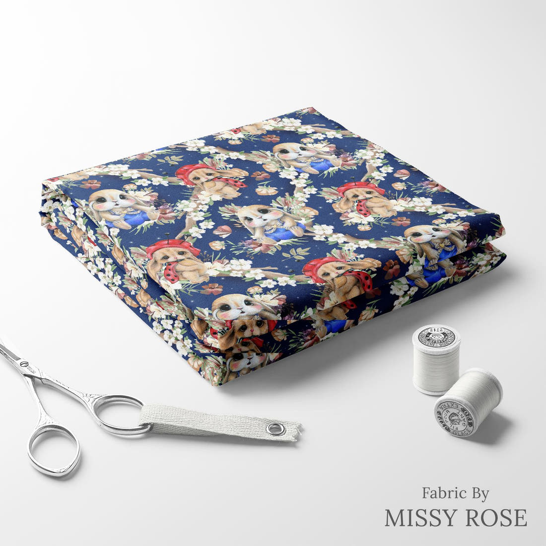 Design 1149 Navy Bunny Fabric folded fabric stack with matching thread – pre-order fabric Australia | Fabric by Missy Rose