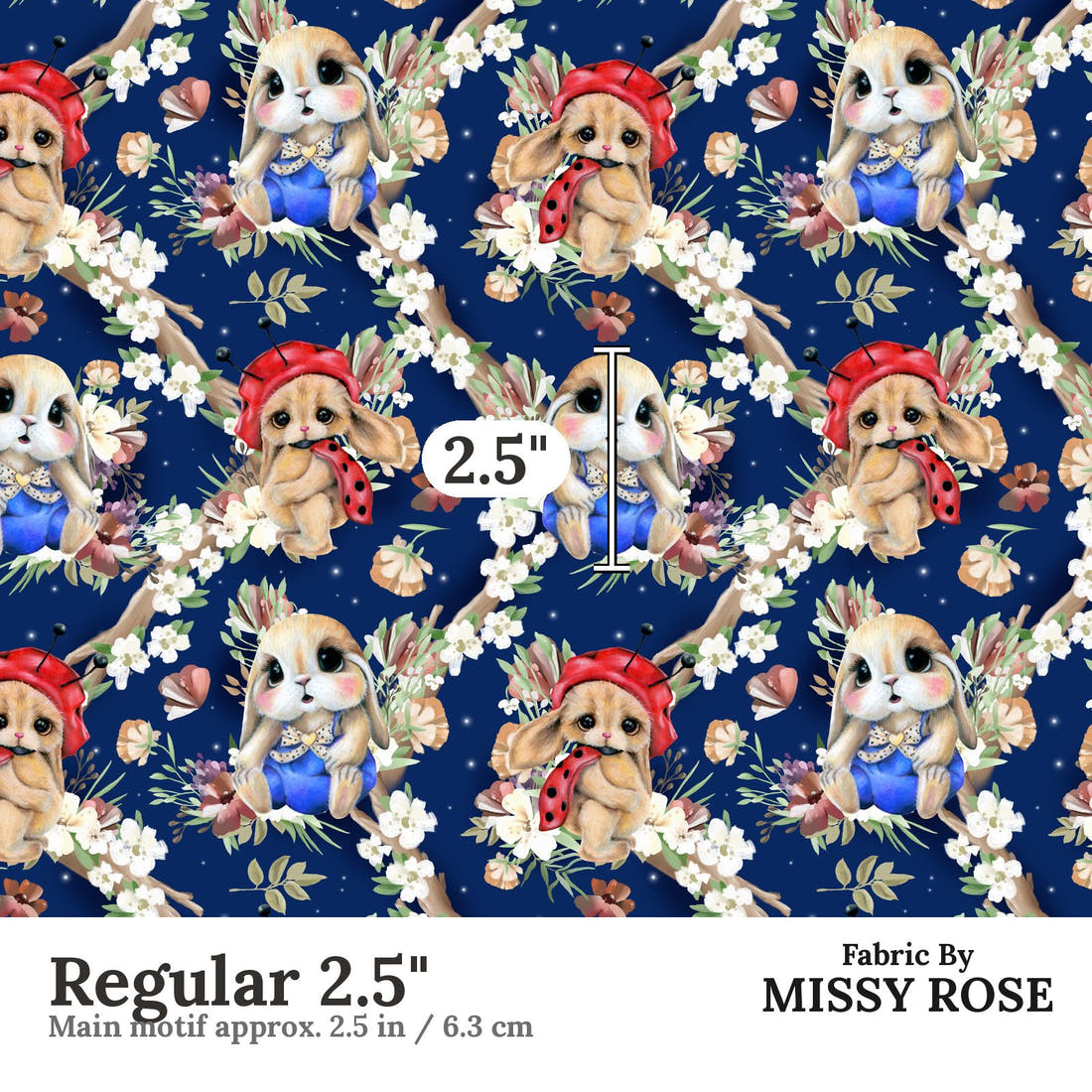 Design 1149 Navy Bunny Fabric Regular 2.5 inch print scale guide | Fabric by Missy Rose
