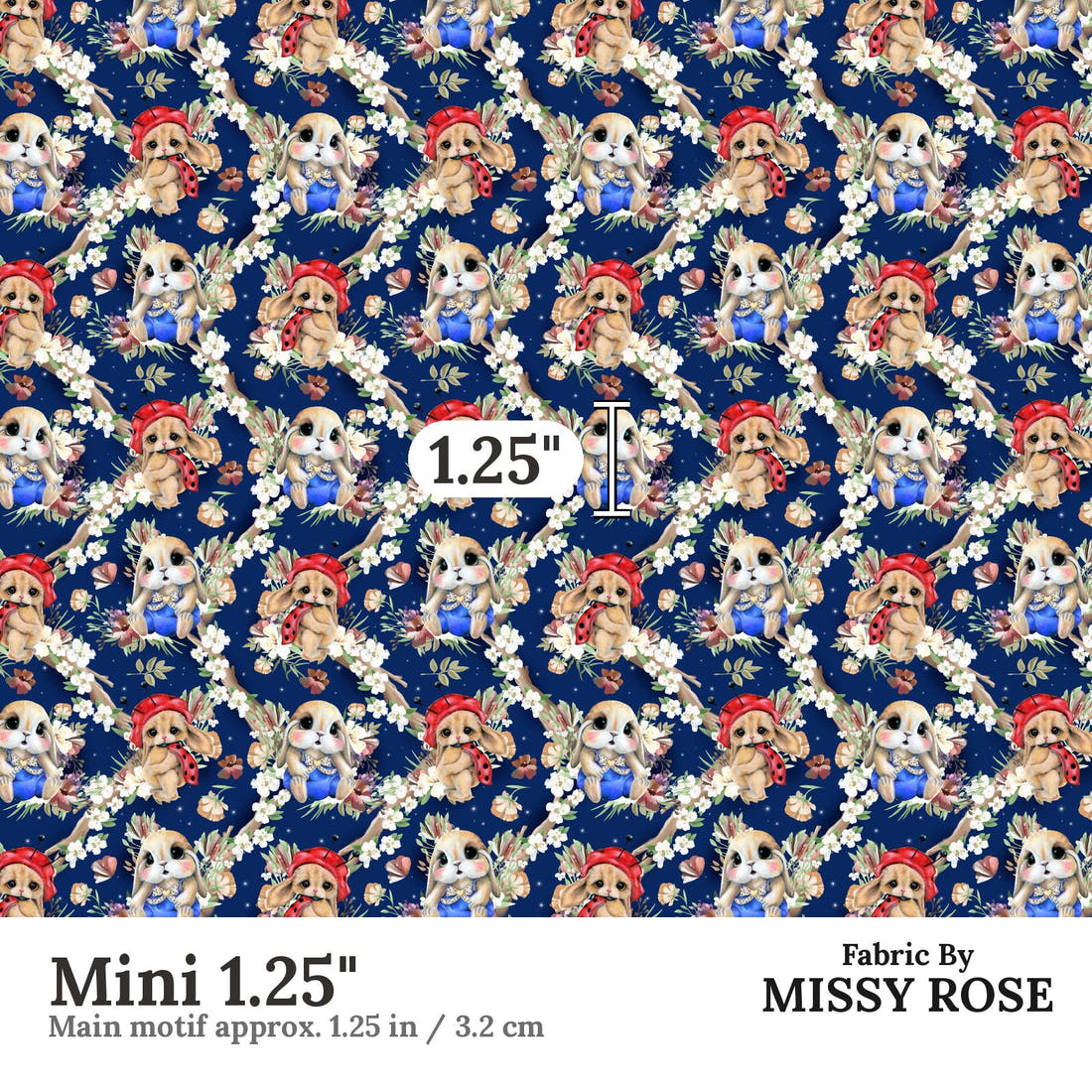 Design 1149 Navy Bunny Fabric Mini 1.25 inch print scale guide | Fabric by Missy Rose