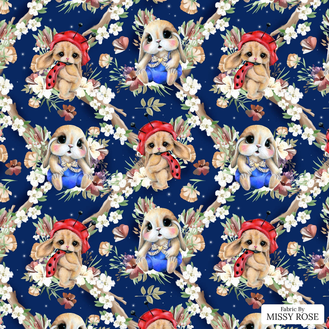 Design 1149 Navy Bunny Fabric – flat view of the print, zoom in for detail | Fabric by Missy Rose