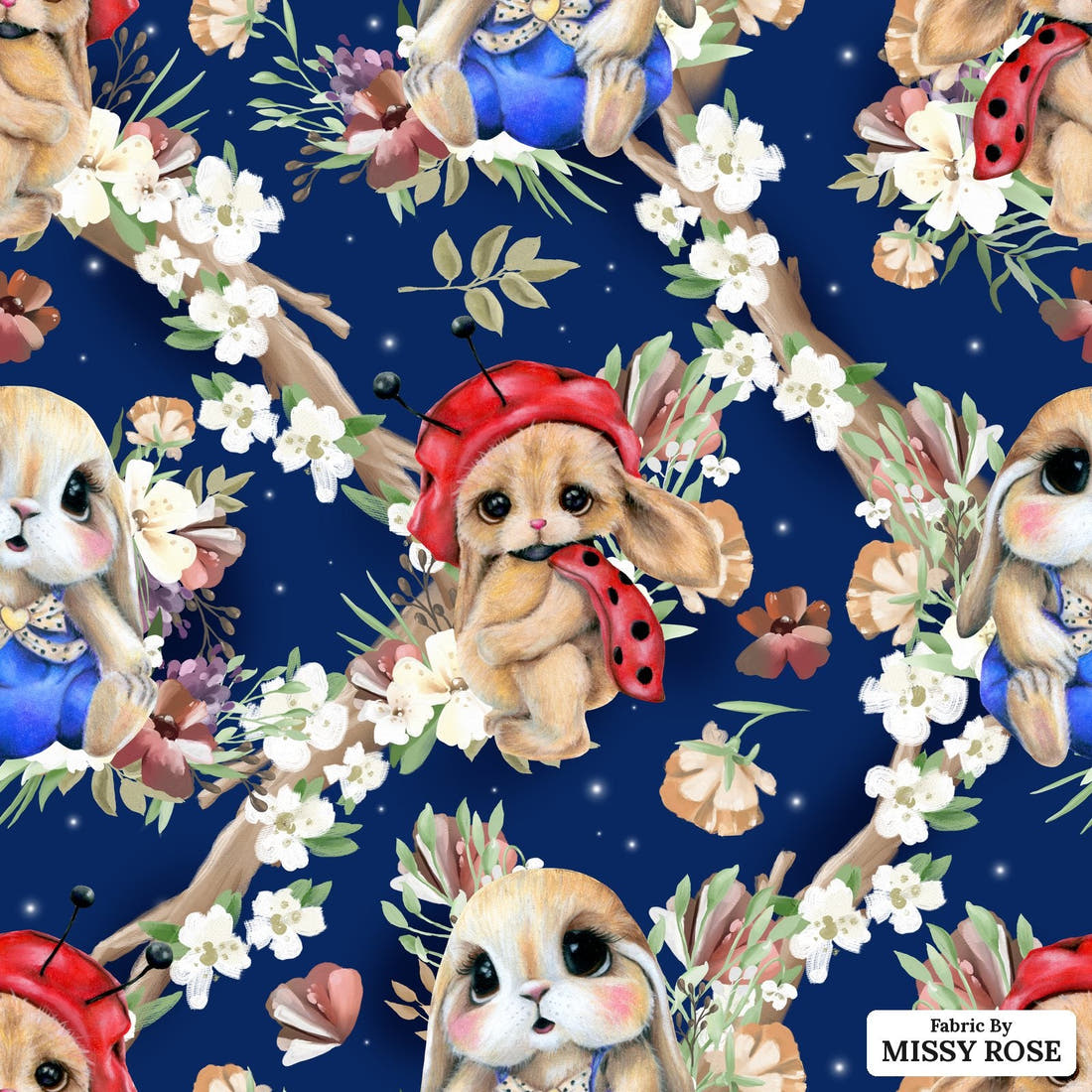 Design 1149 Navy Bunny Fabric – flat view of the print, zoom in for detail | Fabric by Missy Rose