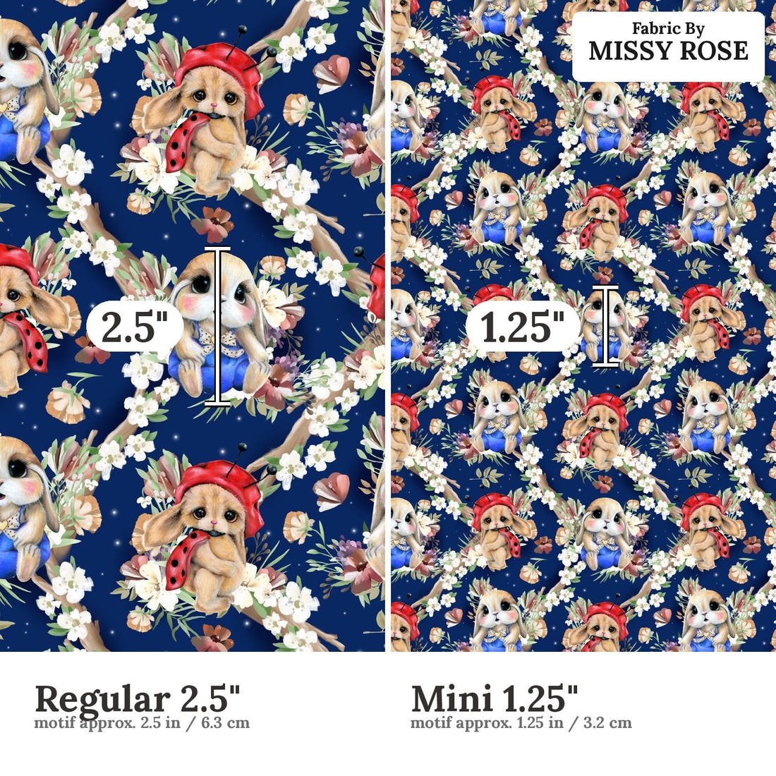 Design 1149 Navy Bunny Fabric Regular 2.5 inch vs Mini 1.25 inch print scale side by side | Fabric by Missy Rose