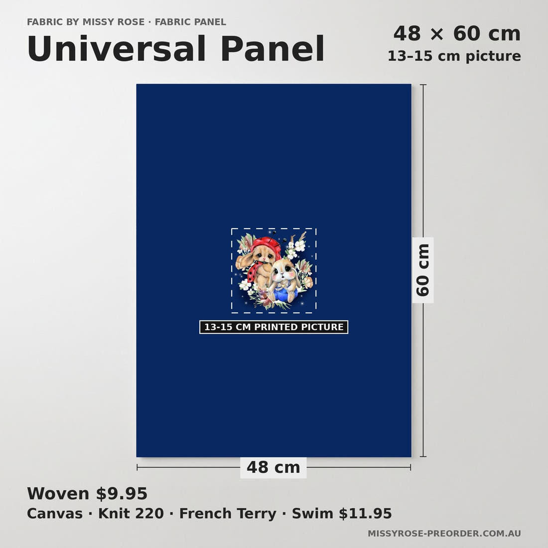 Design 1149 Navy Bunny Panel universal panel sizing – 13–15 cm printed picture on 48 × 60 cm fabric | Fabric by Missy Rose