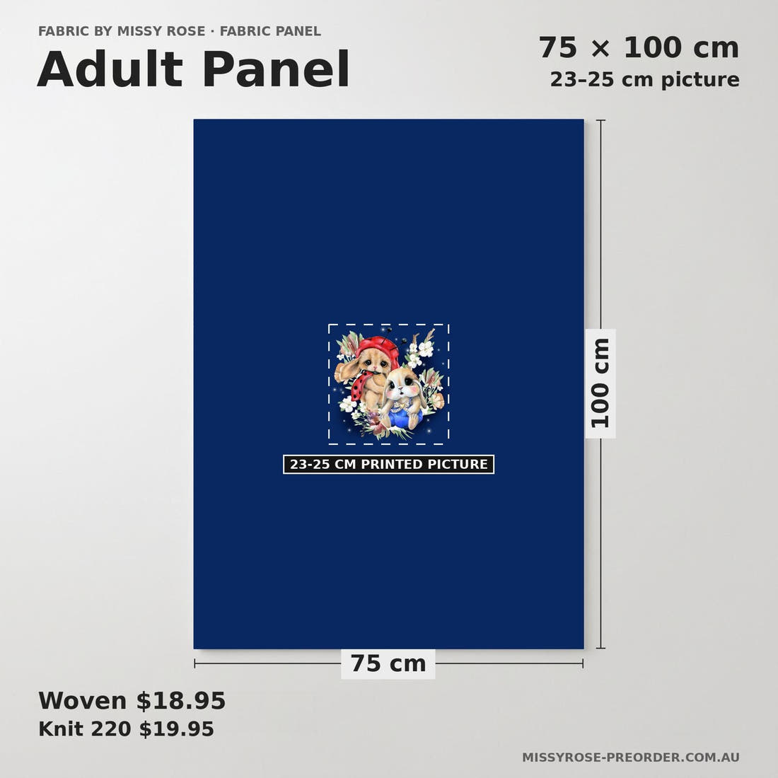 Design 1149 Navy Bunny Panel adult panel sizing – 23–25 cm printed picture on 75 × 100 cm fabric | Fabric by Missy Rose